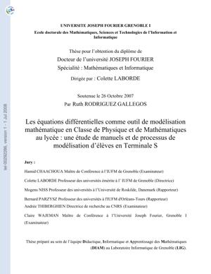 Thumbnail of book [tel-00292286, v1] Les équations différentielles comme outil de modélisation mathématique en Classe de Physique et de Mathématiques au lycée : une étude de manuels et de processus de modélisation délèves en Terminale S cover