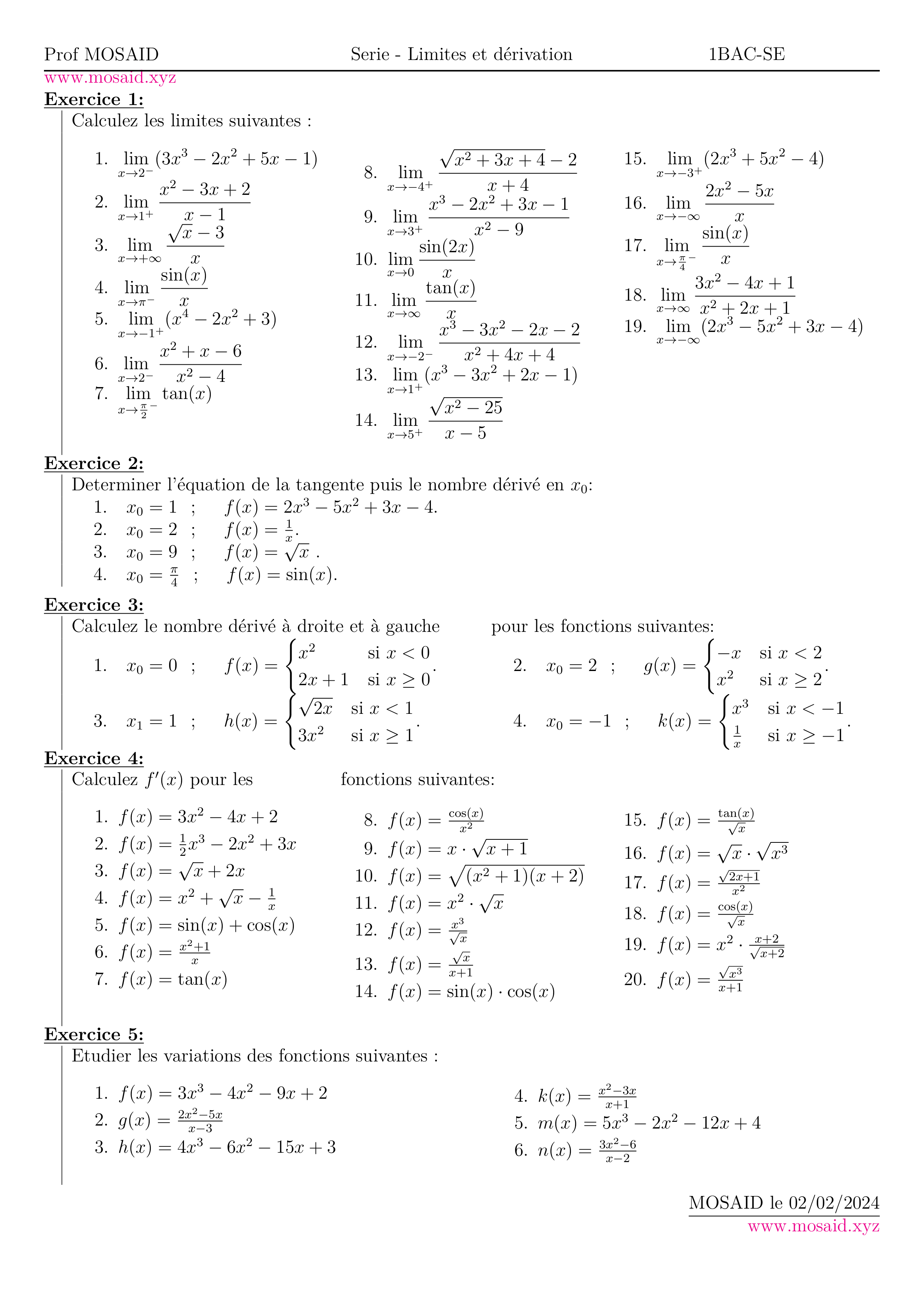 series exercices : Limite et dérivation - 1 BAC Science - Maths - MOSAID