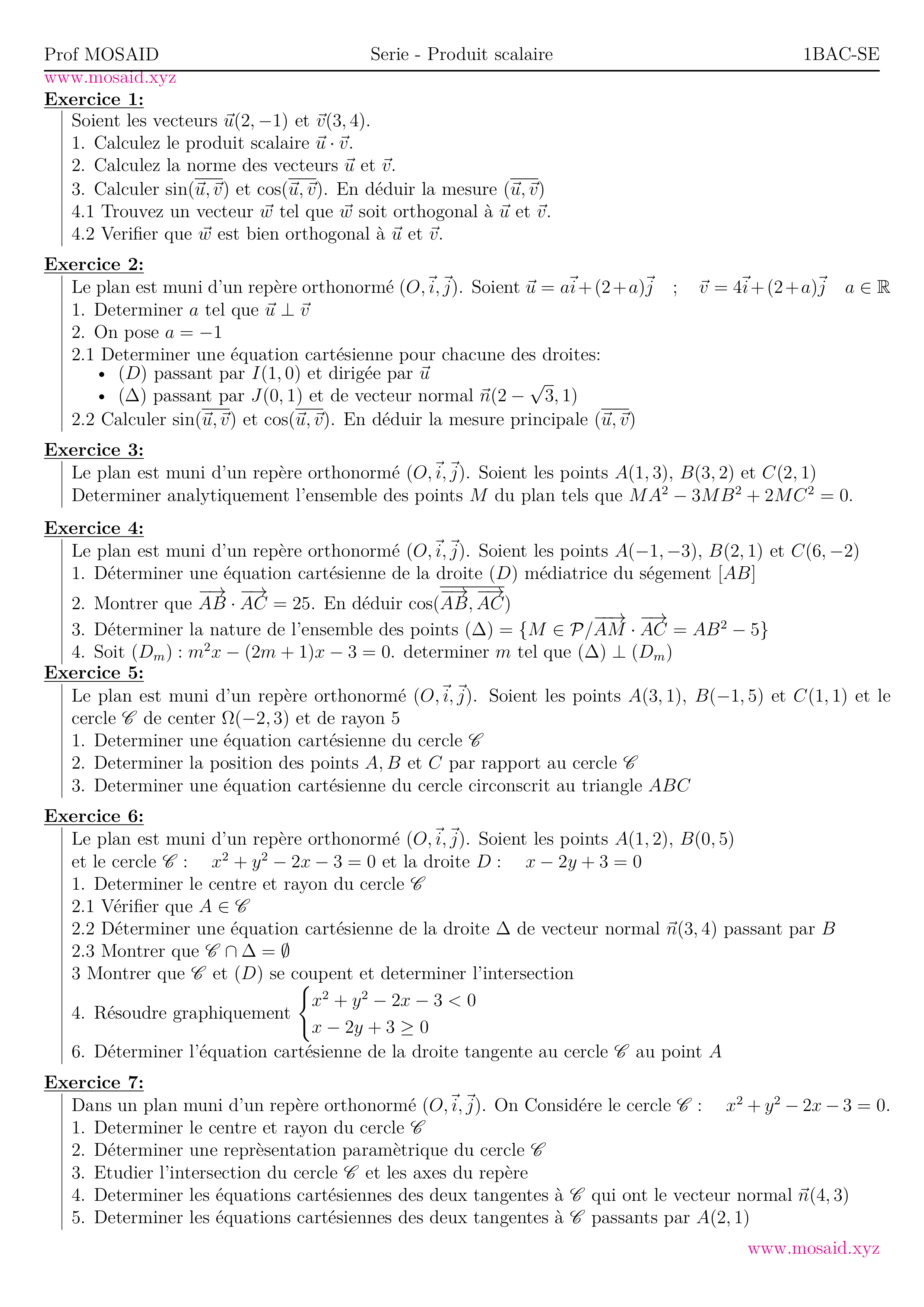 S rie exercices analytiques du produit scalaire dans le plan 1 bac