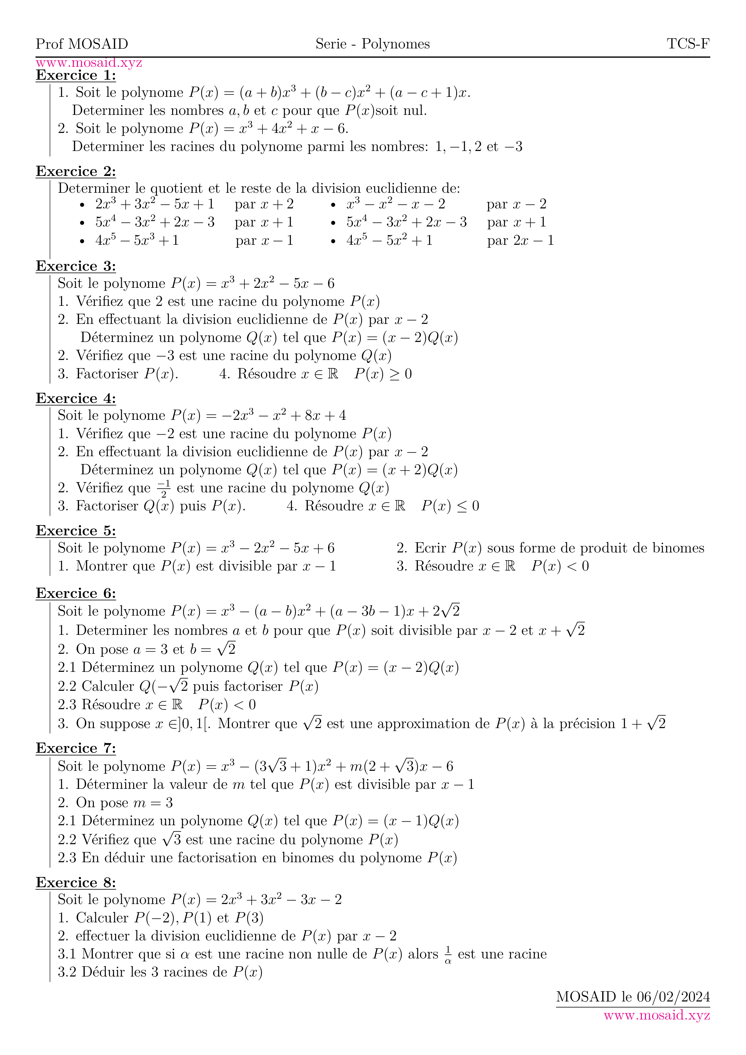 serie exercices: polynomes - Tronc Commun Sciences - Maths - MOSAID