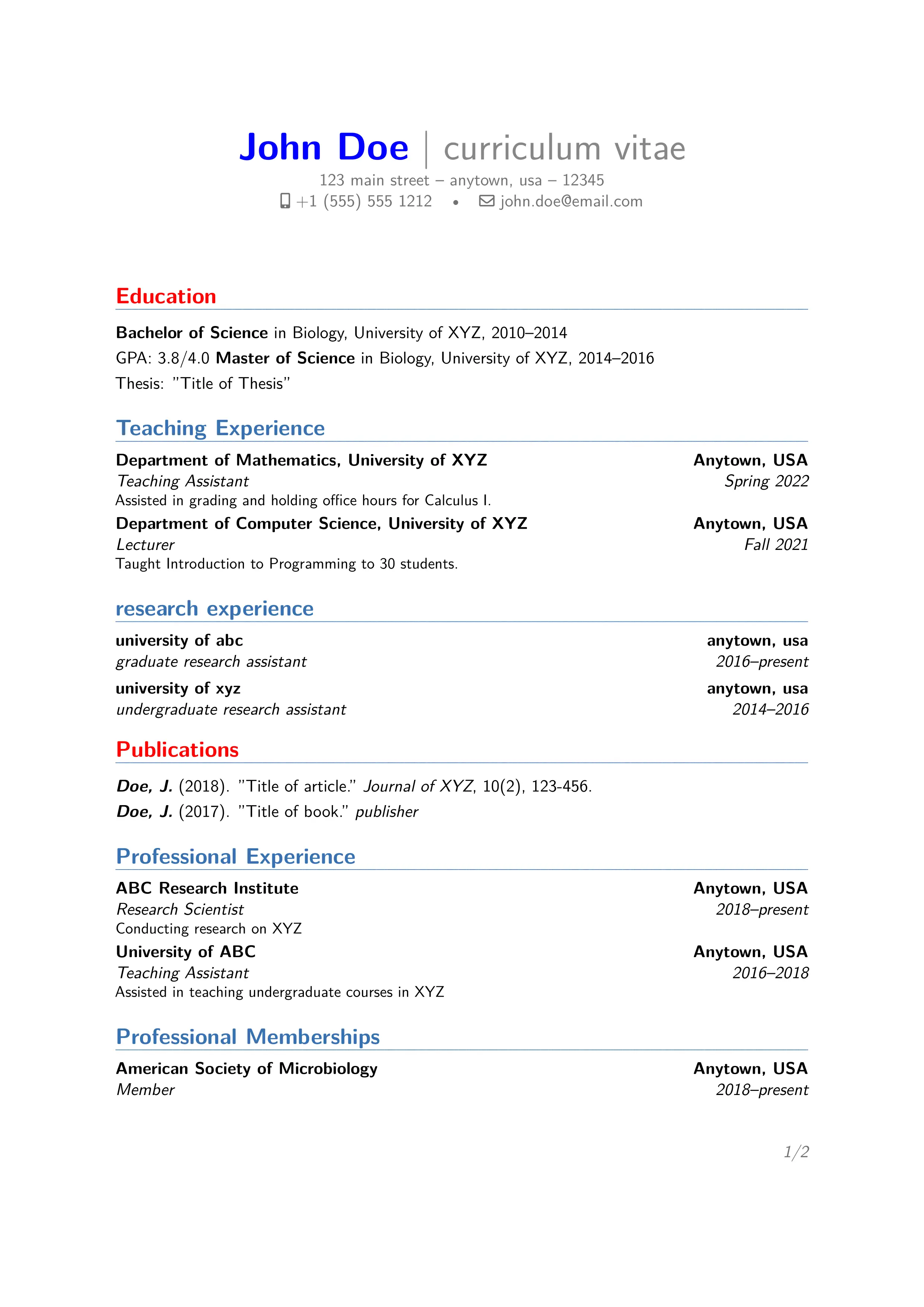 professional CV created with latex