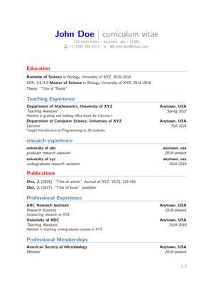 A professional CV created by latex