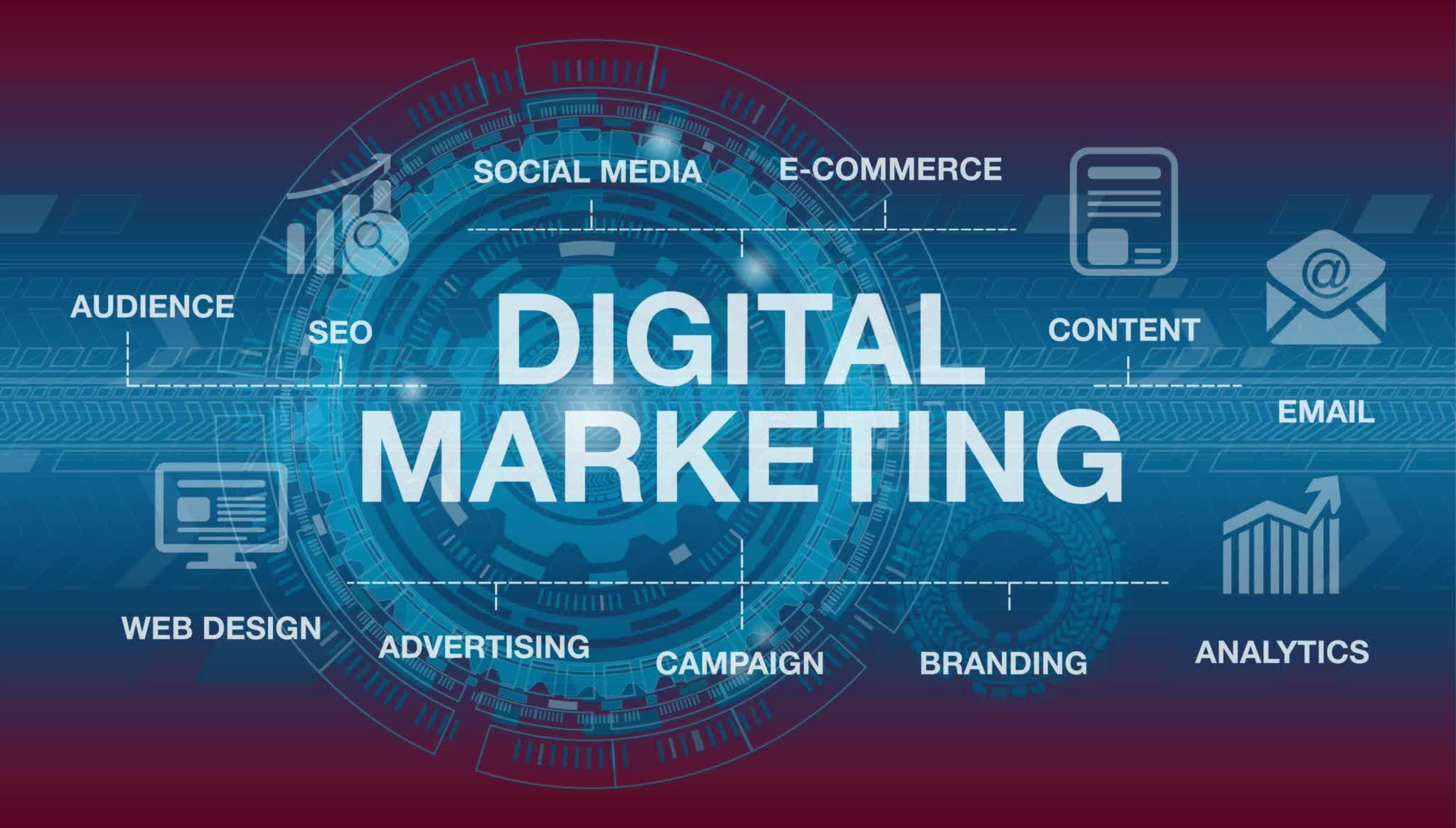 Banner of Digital Marketing banner with the text 'Digital Marketing' in the center surrounded by icons and text including Social Media, E-commerce, SEO, Web Design, and Analytics