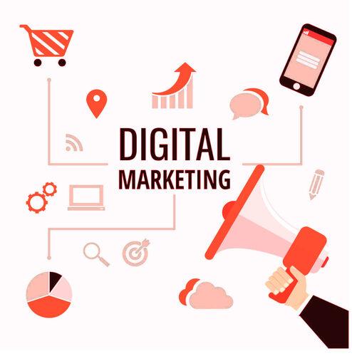 Digital Marketing Thumbnail with the text 'Digital Marketing' in the center surrounded by icons including mobile phone, shopping cart, gears statistics , cloud 
