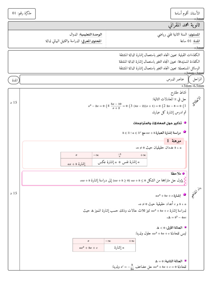 Lesson plan: Sign of linear and quadratic expressions