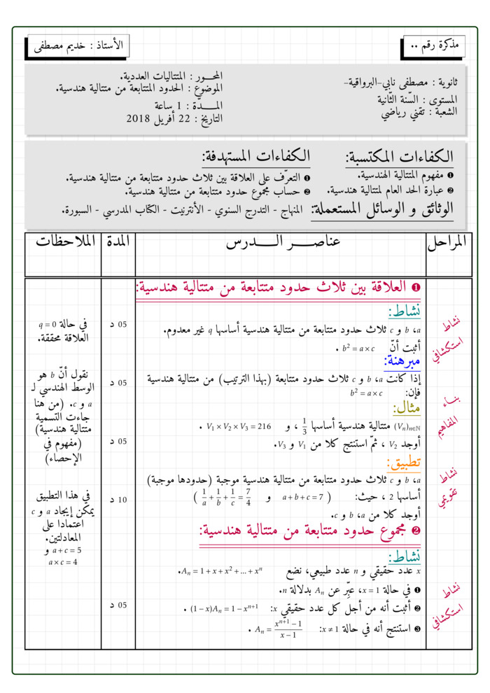 Lesson plan: Geometric sequences – Consecutive terms and sum