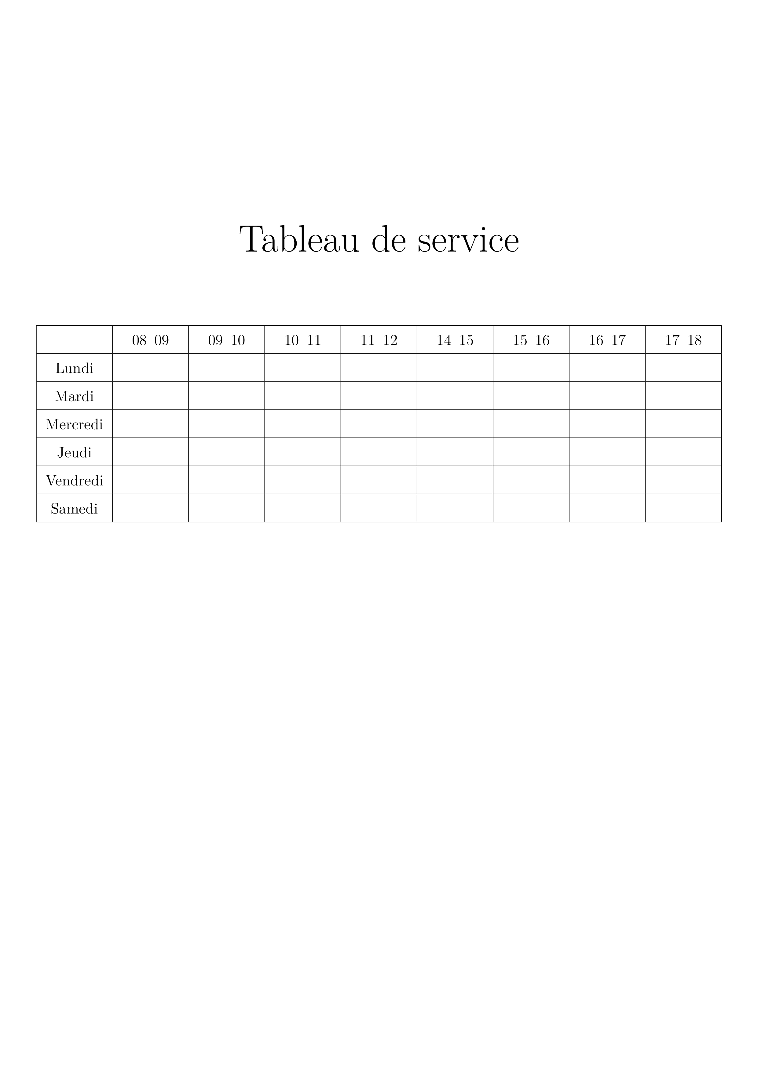 Tableau de service; emploi du temps