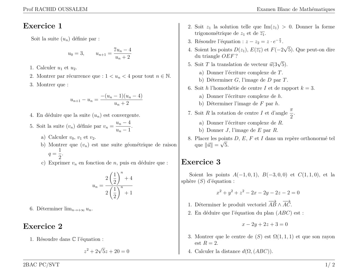 maths Exam for 2-bac-science PDF preview