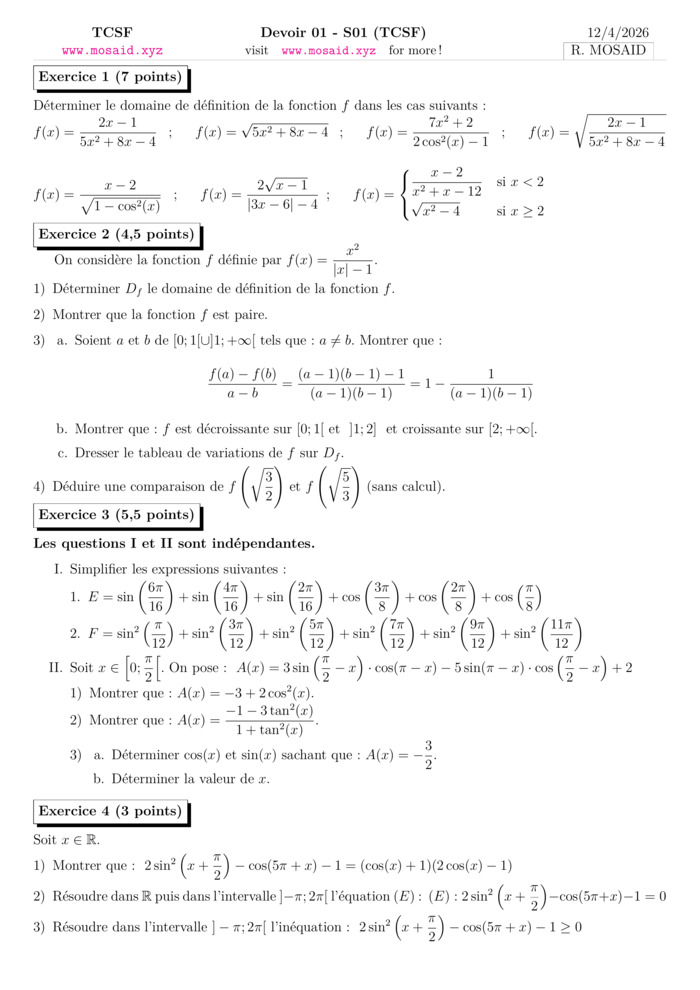 Devoir 02 S02, Trigonométrie et généralités sur les fonctions thumbnail